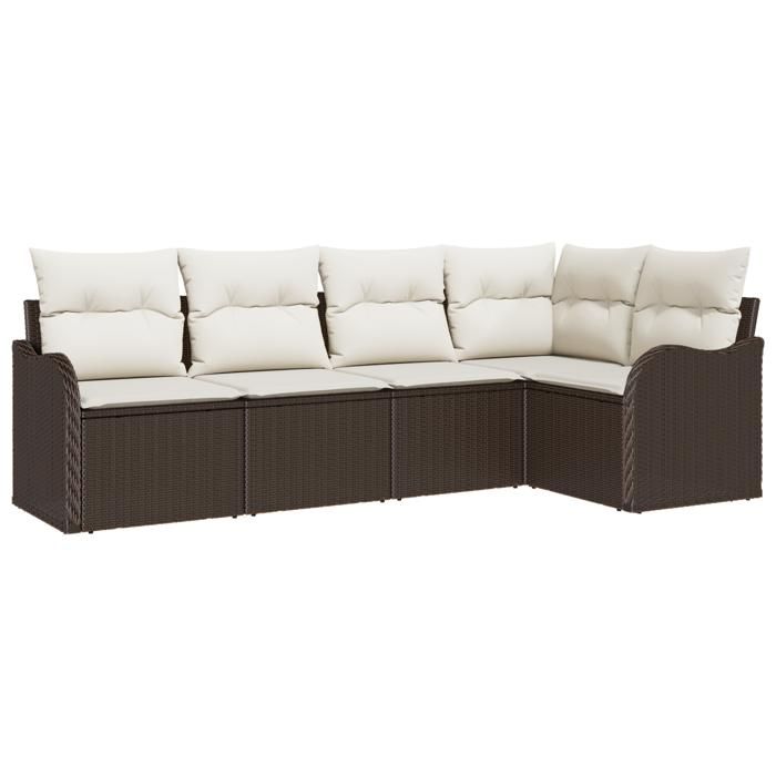 Ensemble de canapés de jardin 5 pièces avec coussins en rotin poly marron, Canapé de jardin 2 places avec rangement 3354367