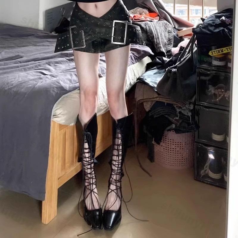 2026 New Fashion Female Breathable Hollowed Out Mesh Boots Leather High Knight Boots Knee High Heels Show Thin Long Boots