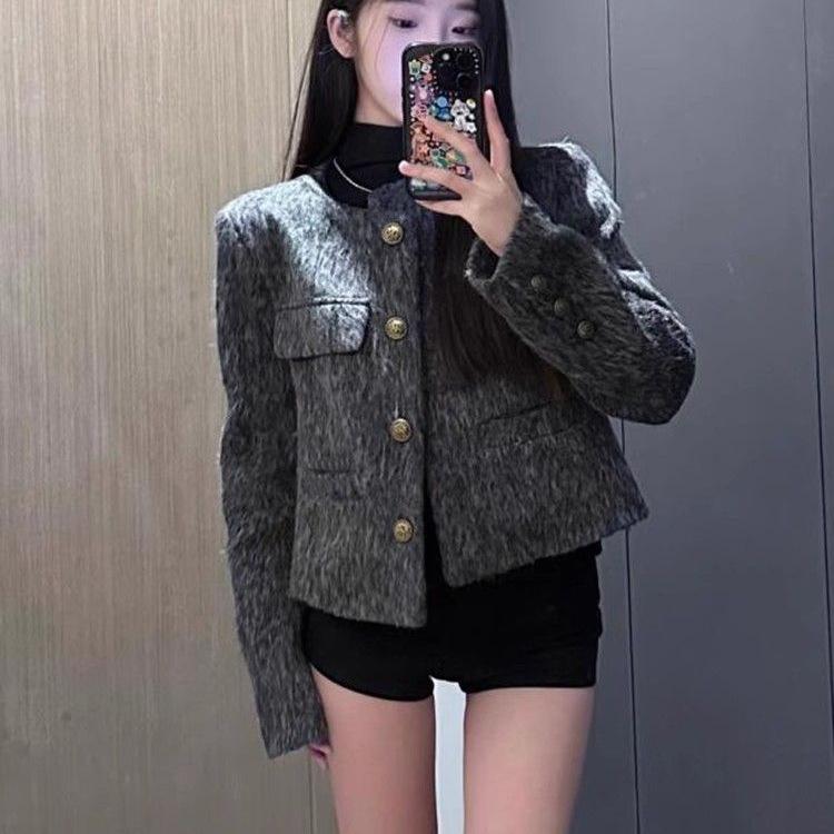 Gray Wool Short Jacket - French Style 2025 Autumn/Winter Women's Fashion