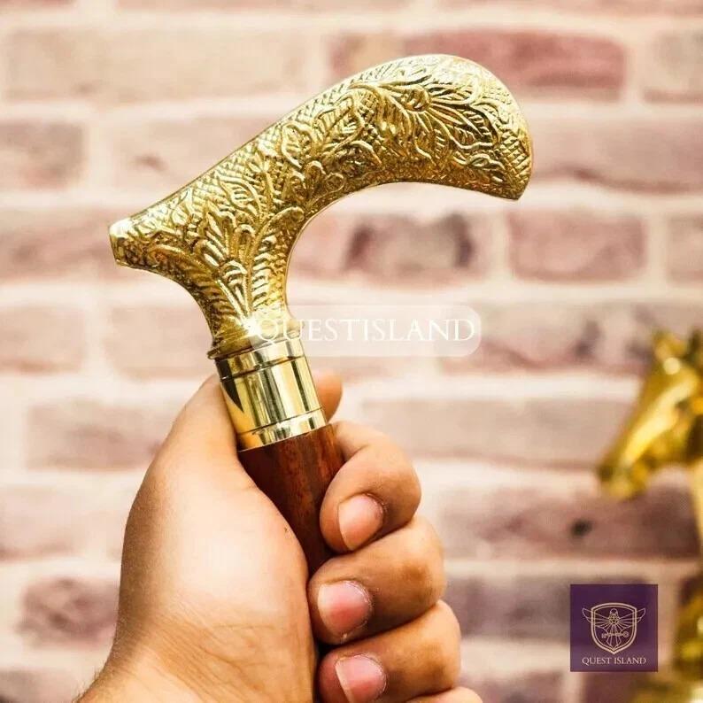 Golden Handle Brass Wooden Victorian Foldable Cane Collectible Men's Gift