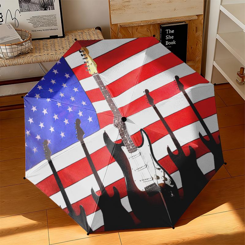 1pc American flag, baseball, and guitar Umbrella Portable Folding Umbrella Iron Frame Hole Bone Structure Outdoor Home Umbrella