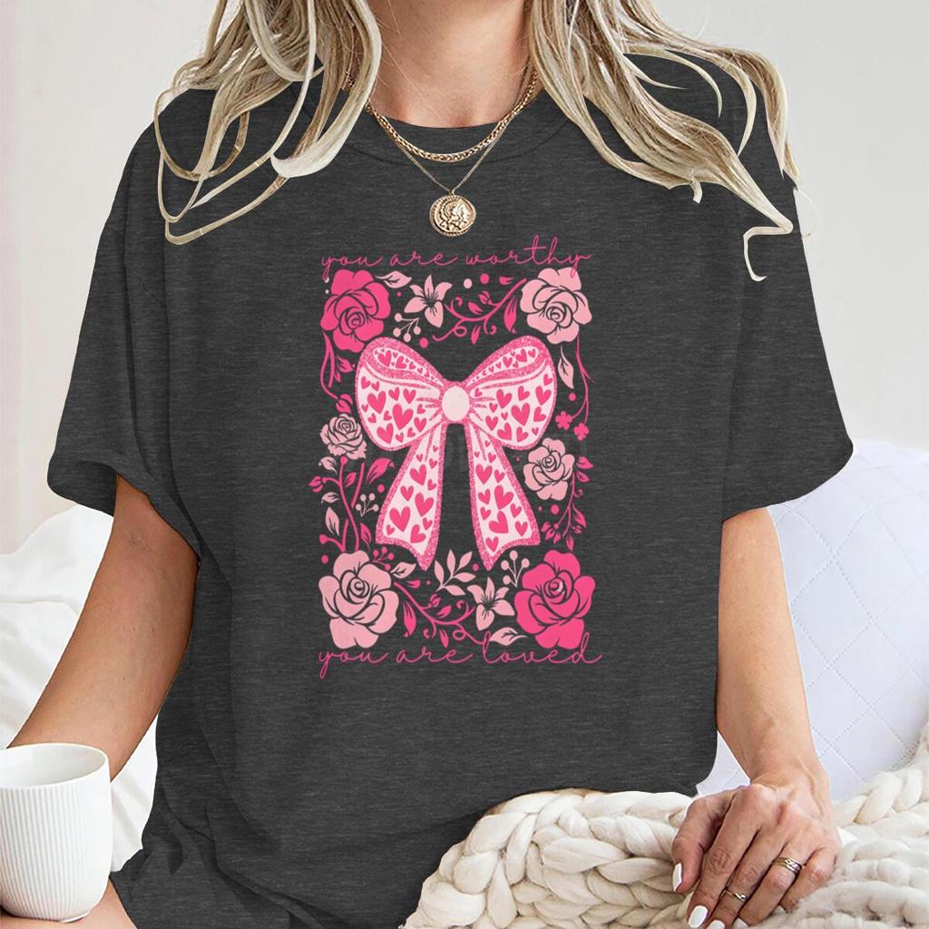 Valentines Day Heart Coquette Bow T Shirts for Women Retro Valentine Short Sleeve Tee Shirt Retro Flower Valentines Casual Tops