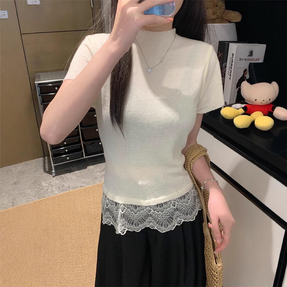 

Шикарный женский облегающий трикотажный топ с пэчворком из французского кружева One Size [up to 125 jin]