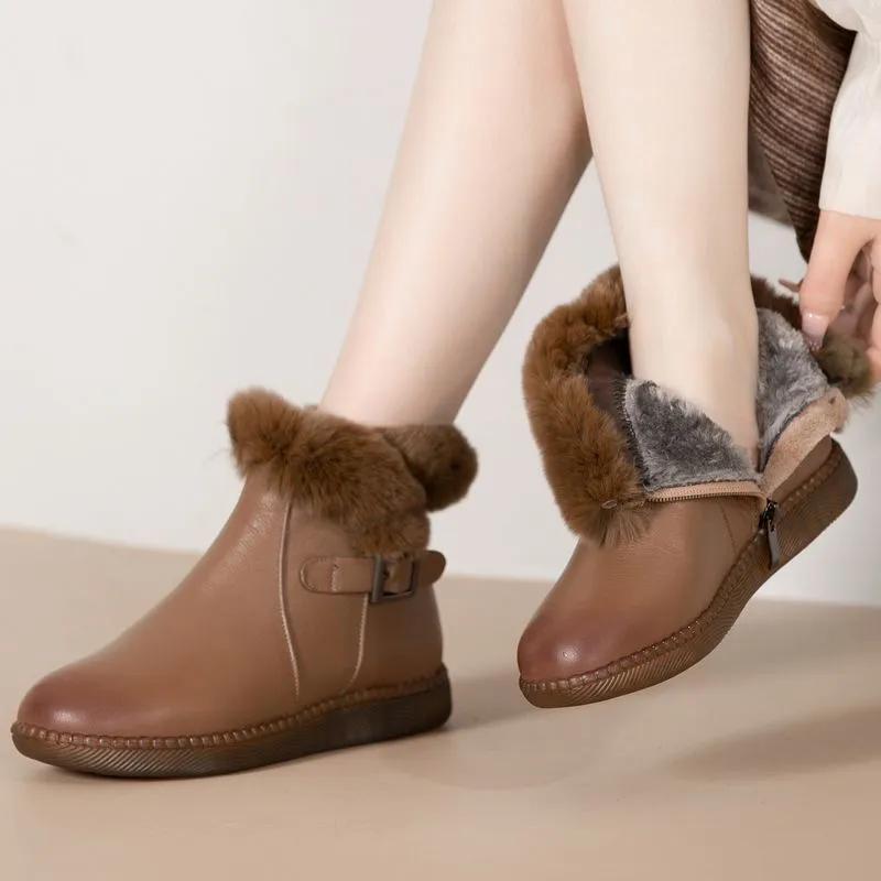 Flat-bottomed Short Boots, Women's Winter Mother Shoes, Rabbit Fur Thick Cotton Shoes, Women's Boots, Soft-soled Plus Velvet Leather Shoes, Snow Boots
