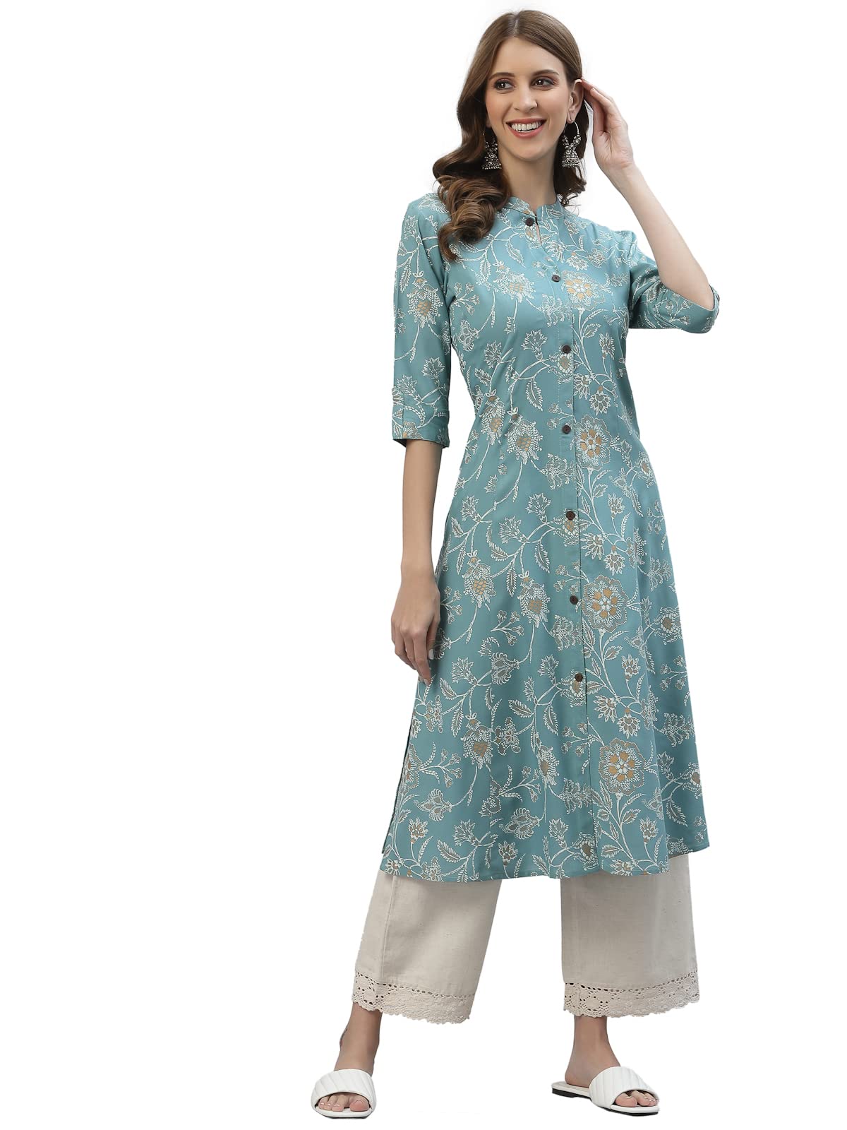 Stylum Women s Floral Print Rayon A-Line Kurta (FIONAAQUA42_Aqua, XL) XL синий