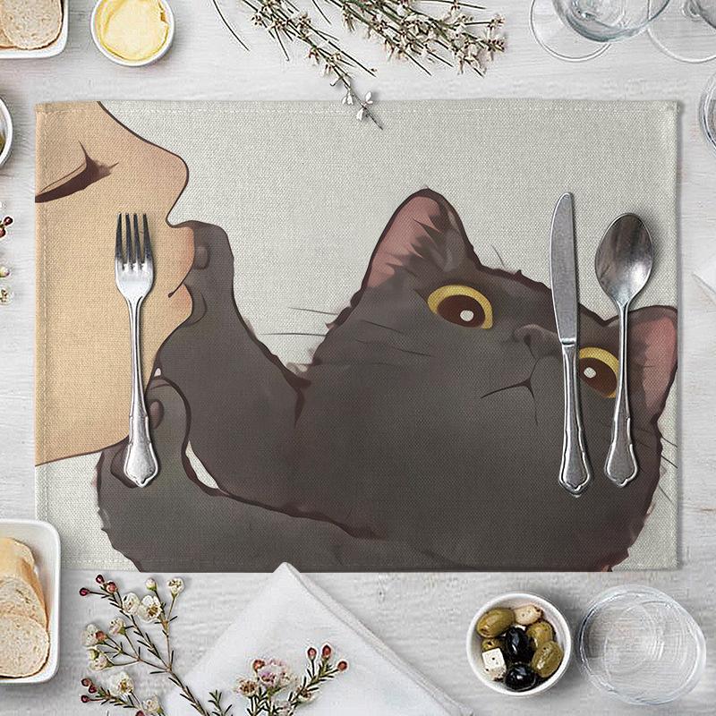 Cartoon Cat Placemat Cotton Linen Table Mat Kawaii Cats Animal Pattern Place Mats For Children Kids Kitchen Dinning Coaster Pad