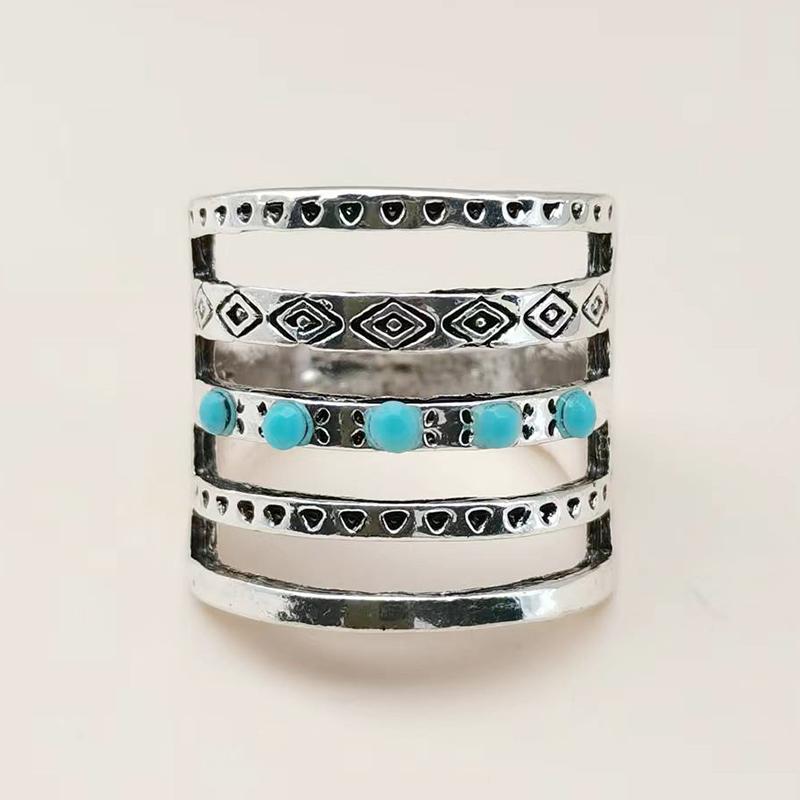 Huajie Бохо Ретро Узор Тотем Инкрустация Синий Камень Женские Кольца Полые Многослойные Нежные Женские Кольца Модные 6