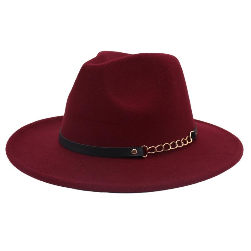 New Shanghai Gentleman Felt Hat, Belt, Iron Chain,Foreign Trade Top Hat, Light-Bottomed Fedora, Large Brim Hat