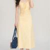 Elegant Yellow Floral Slim-Fit Summer Dress with Lace and Square Neck Short Style