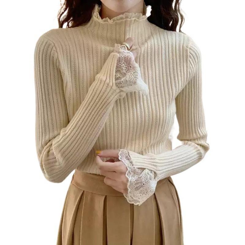 Spring Autumn Semi-turtleneck New Lace Pullover Long Sleeved Sweater Fashion Long Sleeve Women Knitted Bottoming Shirt Elegant Simple Slim Fit Top