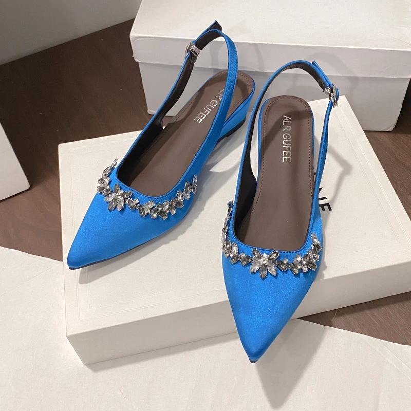 Crystal Women Mid Heels Sandals Wedges Pointed Toe Elegant Summer Woman Shoes 2025 Pumps Sandalias De Mujer