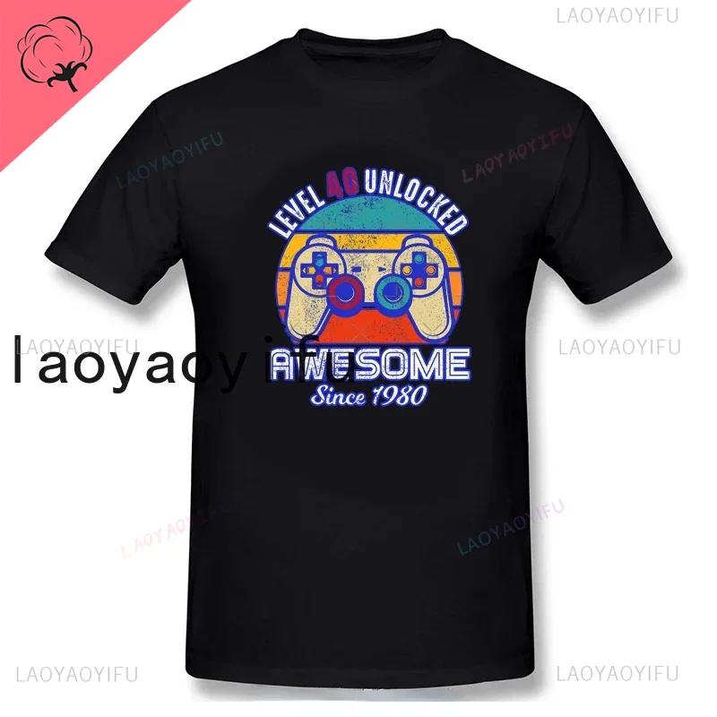 40th Birthday T-Shirt 1982 Men Funny LEVEL UNLOCKED 40 Year Old Gaming Tee Tops A Gift for A Wife and Husband Cotton Shirt