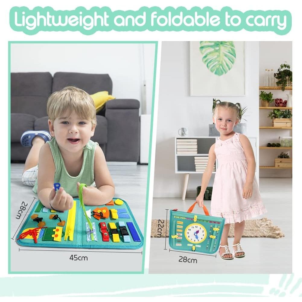 Busy Board, 20-in-1 Montessori Toy Motor Skills Toy for Dressing Skills, Educational Sensory Toddler Toy, Activity Board for Airplane Car Travel