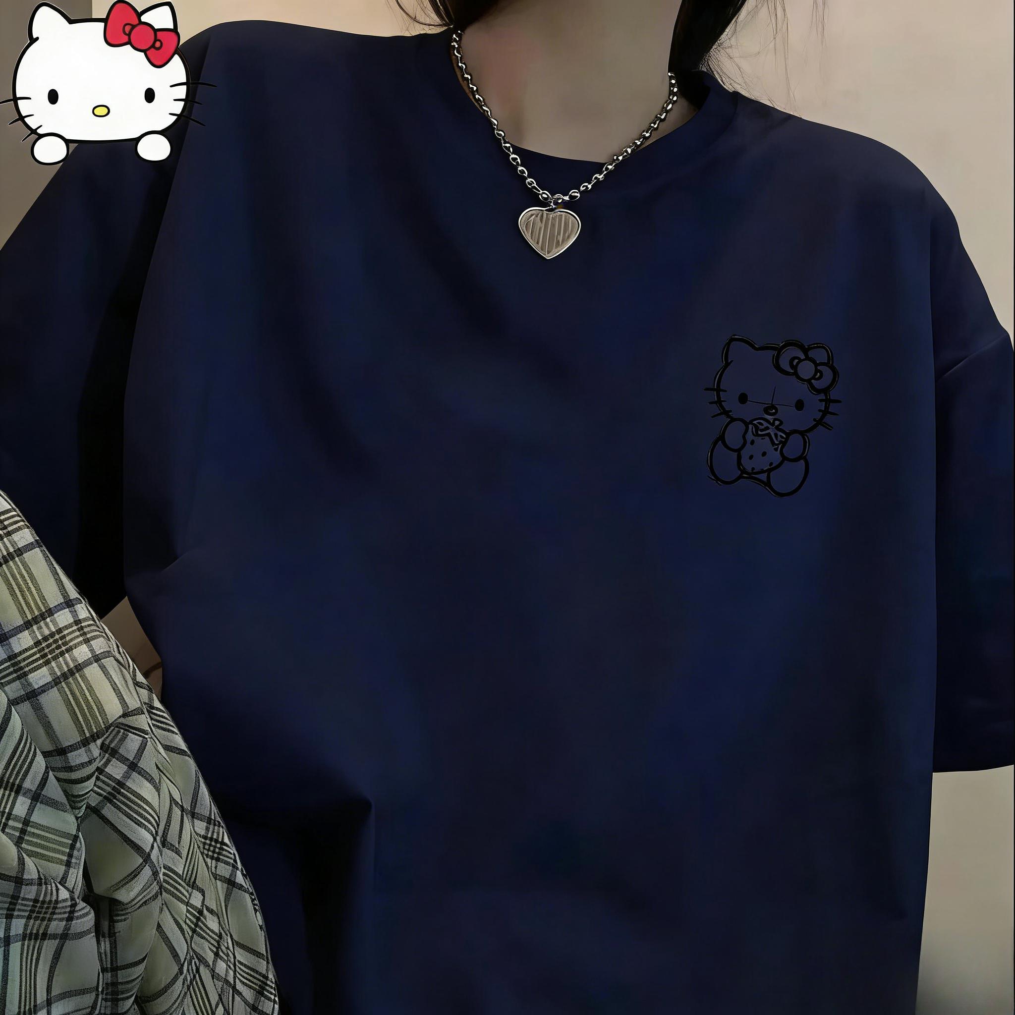 

2026 новая футболка Hello Kitty из мягкого хлопка с коротким рукавом и круглым вырезом, милый принт, легкий летний топ для женщин, повседневная одежда S