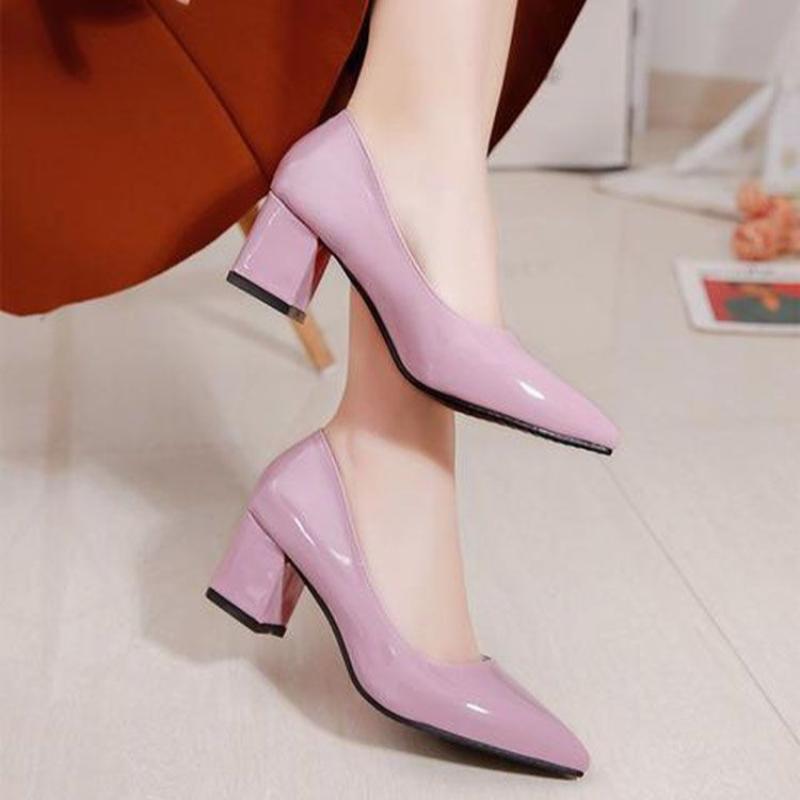 Women's Leather Shoes High Heels Elegant Thick Heels Pointed Toe Slip-on Shoes