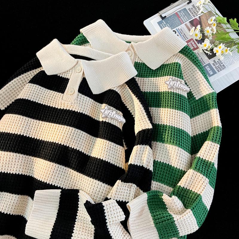 Men's Retro Striped Polo Collar Sweater - Autumn/Winter College Style Loose Knitwear