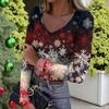 Women's Winter Slim-Fit Base Layer T-Shirt Fashionable Christmas Print V-Neck Pullover Long-Sleeved Top