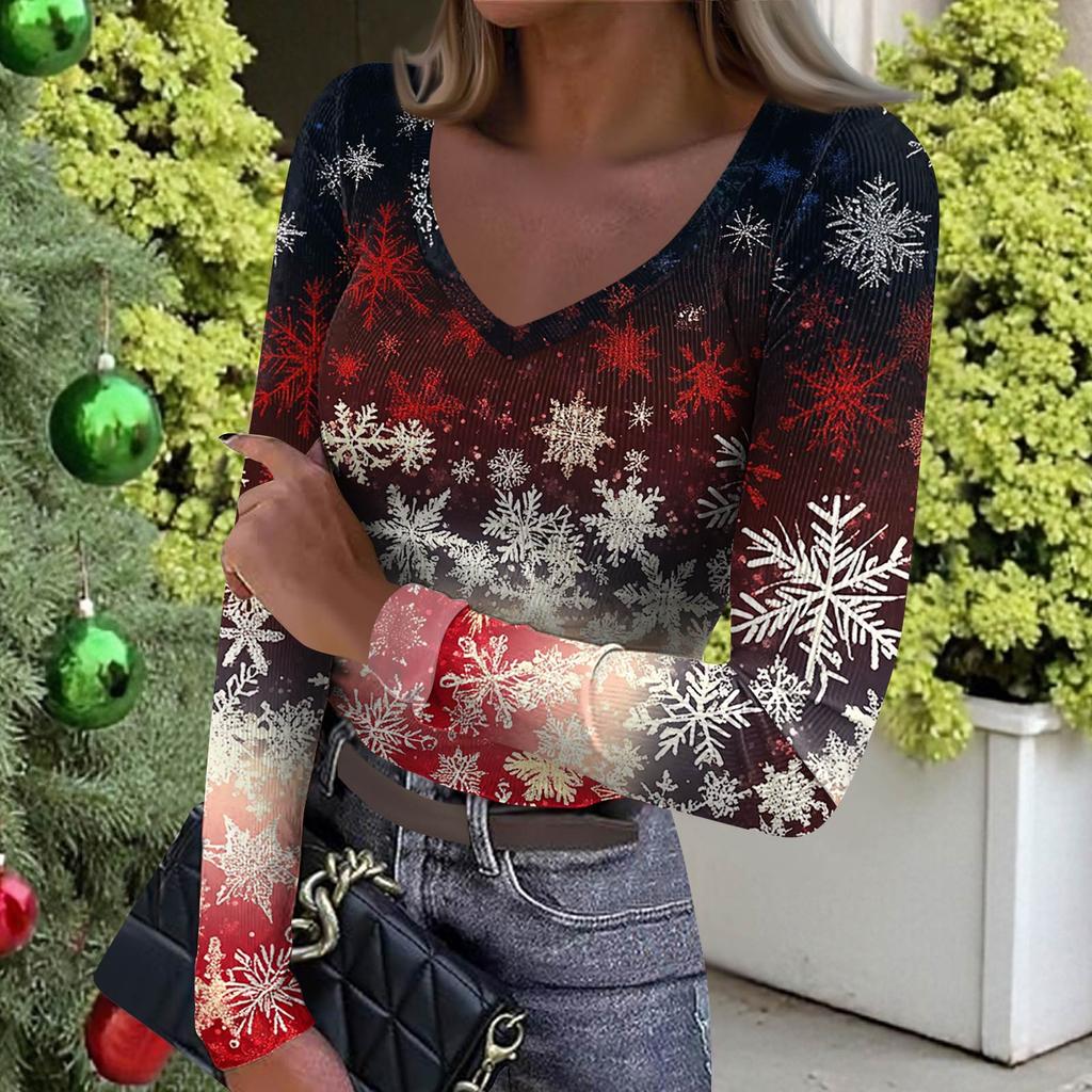 Women's Winter Slim-Fit Base Layer T-Shirt Fashionable Christmas Print V-Neck Pullover Long-Sleeved Top