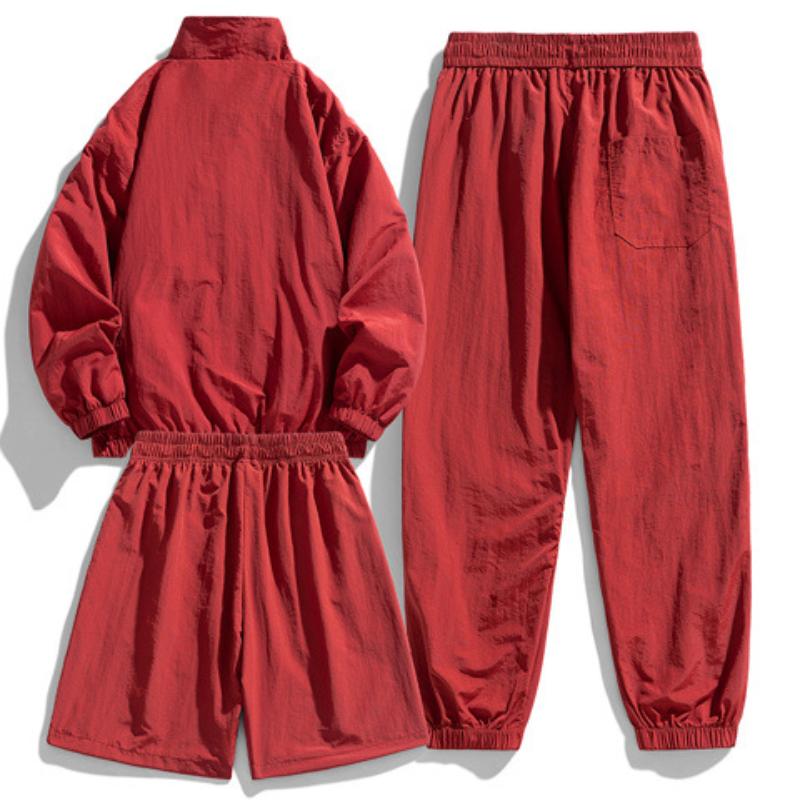 Men's Casual Ice Silk Tracksuit Jacket Shorts And Trousers 3pcs Suit Running Fitness Jacket Suit Male Sportswear Set