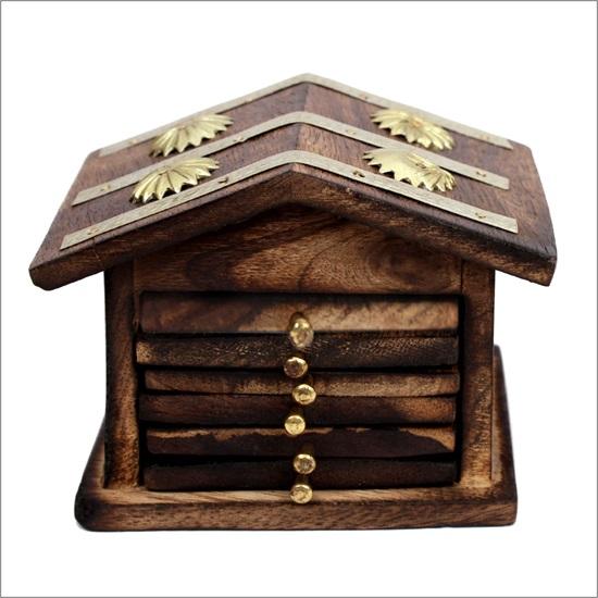 Wooden Home Wellness Tea Coaster In Decorative Hut Shaped Holder, Antique Finish Set of 6