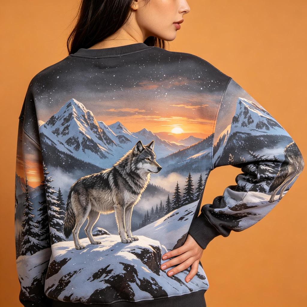 Women Crew Neck Fleece Sweatshirt Autumn Forest Fox Maple Leaf Mountain Stream Print Long Sleeve Loose No Hood Warm