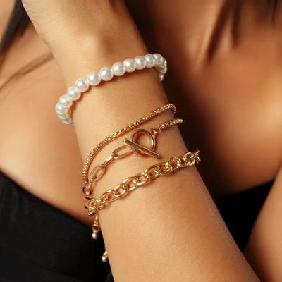 Punk Simple Stacked Metal Chain Mixed and Matched Imitation Pearl Jewelry, Fashion Bracelet Set