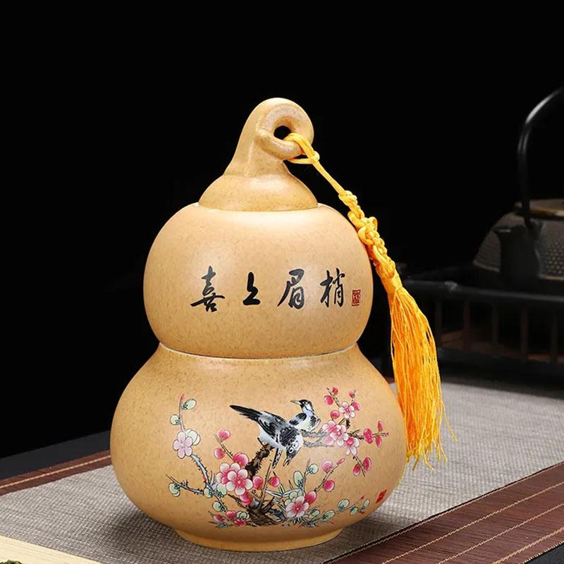 Gourd Shaped Double-layer Tea Caddy Ceramic Tea Storage Tank Non Woven Cover Sealed Tea Can Porcelain Ornaments Nut Storage Pot