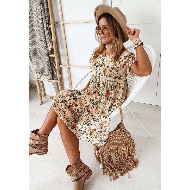 Letnia sukienka damska z krótkim rękawem, okrągłym dekoltem i seksownym nadrukiem