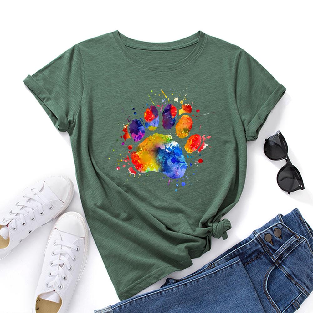 Dog Paw Pattern Cotton T-Shirt Short Sleeve Round Neck Women 2d Print Tops