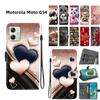 Handmade PU Leather Flip Case for Motorola Moto G54 Anti-Slip Shockproof Cover with Wrist Strap & Heart/Rose Cat Designs