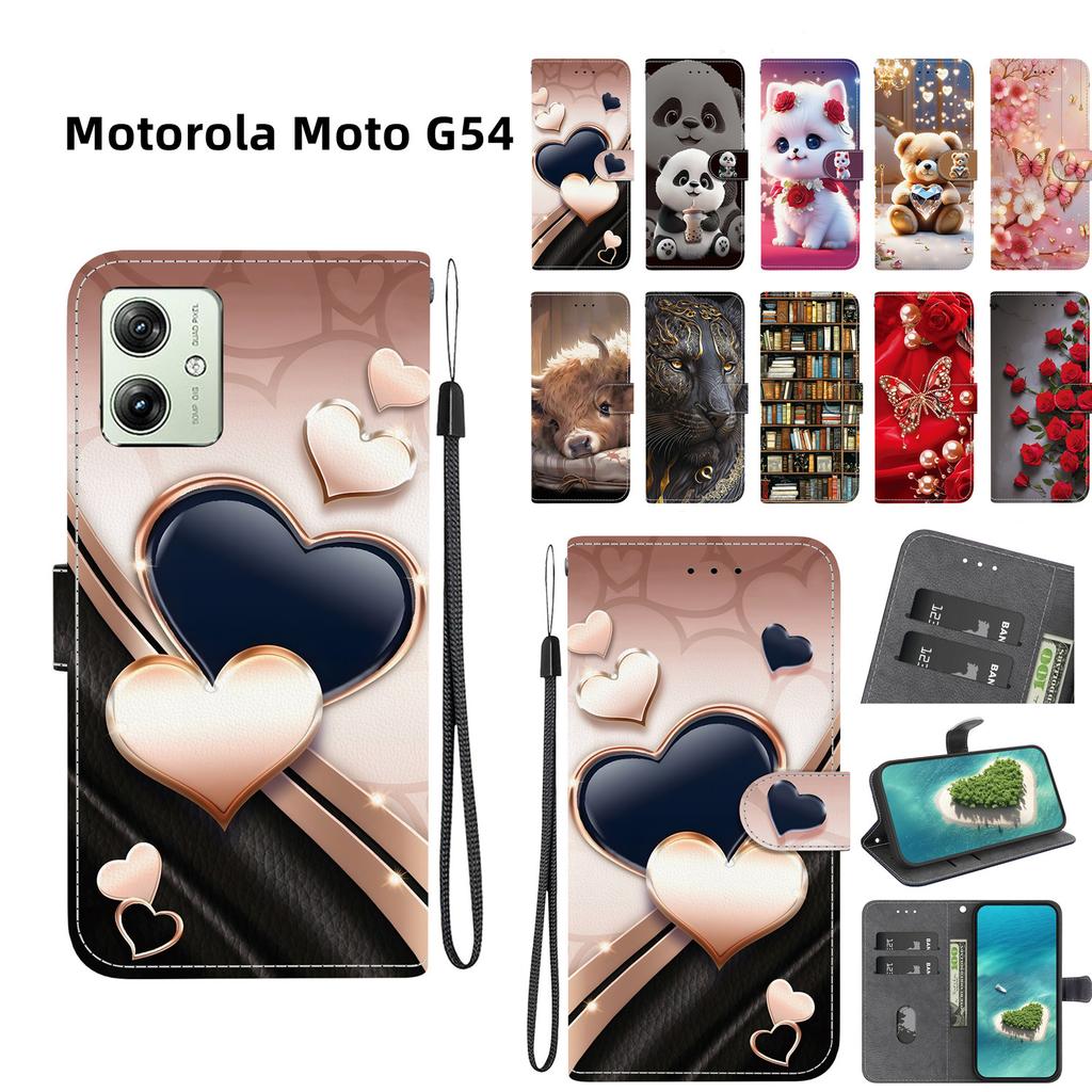 Handmade PU Leather Flip Case for Motorola Moto G54 Anti-Slip Shockproof Cover with Wrist Strap & Heart/Rose Cat Designs