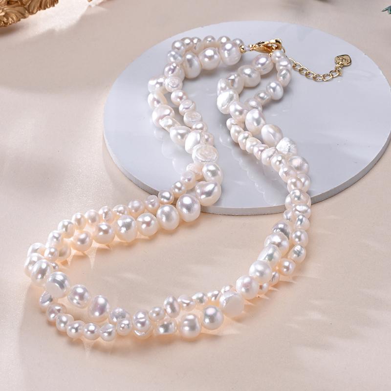 HENGSHENG Baroque Freshwater 5-6mm 8-9mm White Pearl Double Necklace 925 Silver Trendy Jewelry Gift for Women Girls