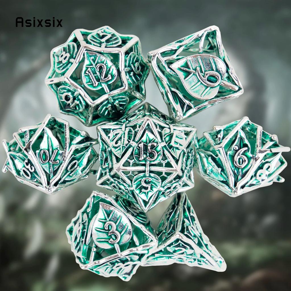 7 Pcs Green Leaf Flower Metal Dice Hollow Metal Polyhedral Dice Set Suitable for Role-Playing RPG  Board Game Card Game