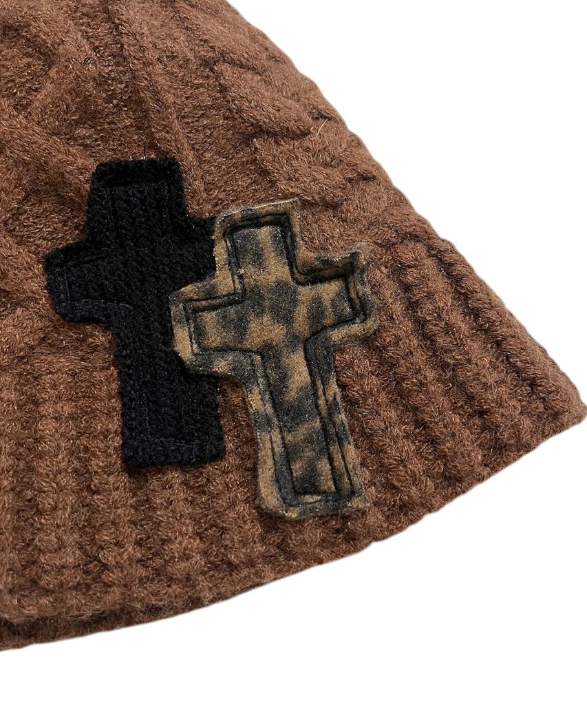 SK8ER ROCK Cable Knit Cross Bucket Hat ((Brown))