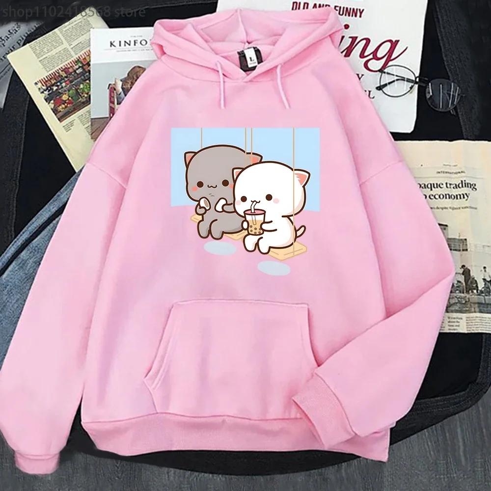 Cute Peach Cat Cartoon Hoodies Bubble Tea Sweatshirt Mujer Camisetas Black Top Winter Kawaii Graphic Long Sleeve Clothing