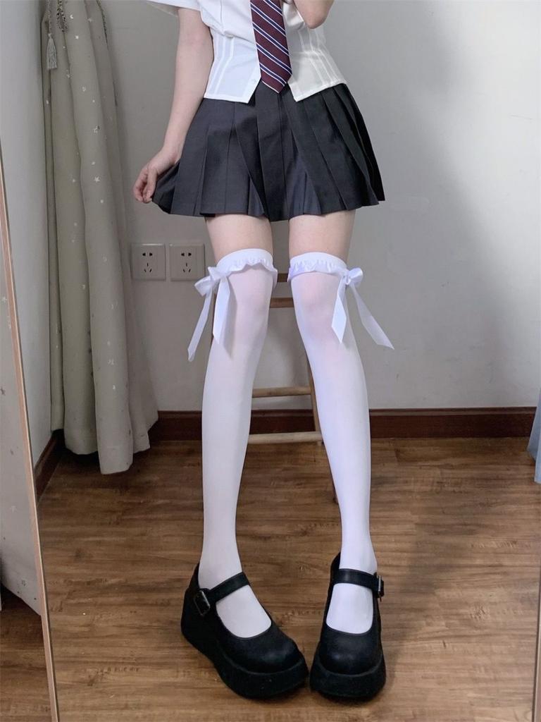 Black Streamer Half-length Stockings Women's Thin Summer Cute Medium Tube Calf Socks Lolita Bow Jk Long Socks