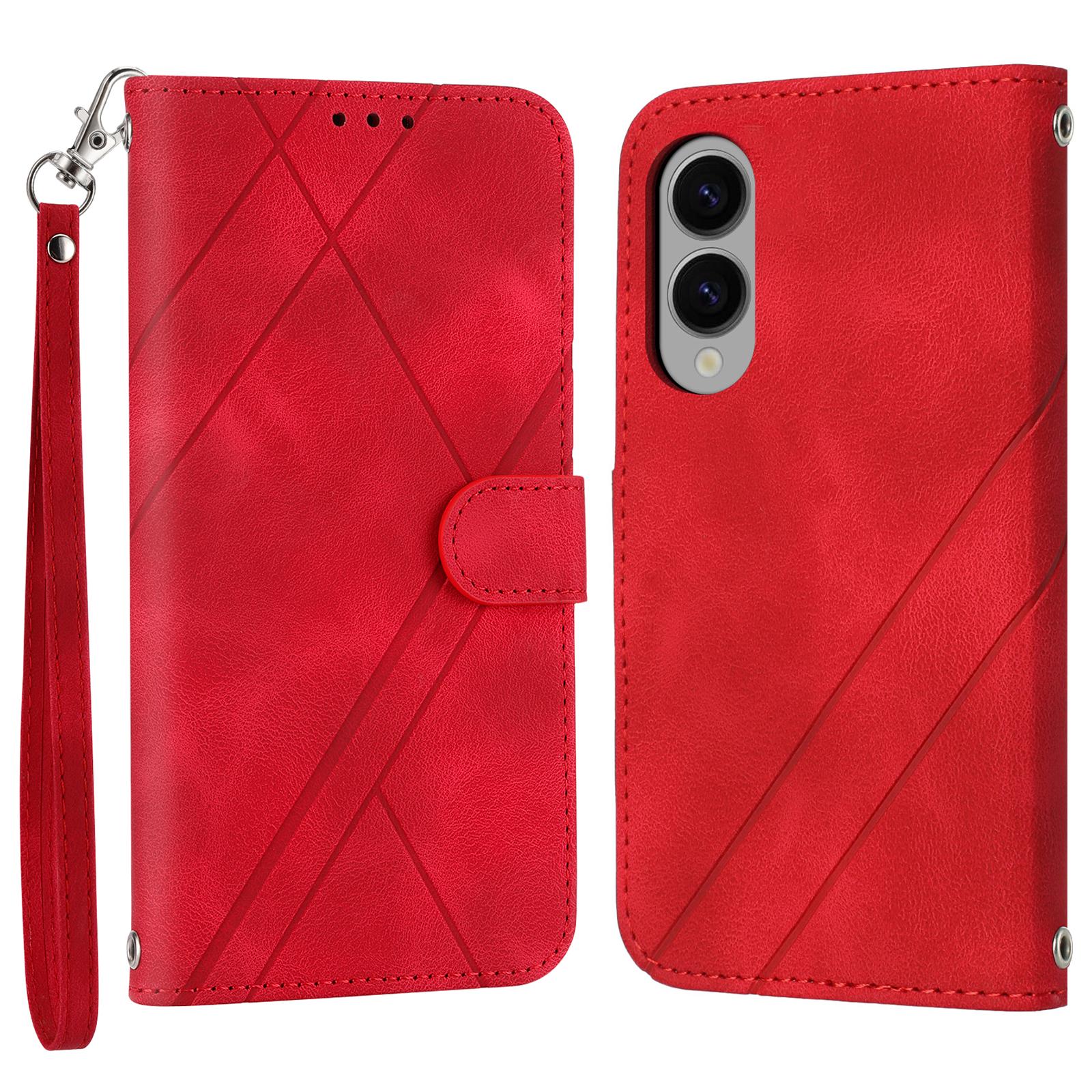

For Samsung Galaxy S25 Edge Case Imprinted Line Leather Phone Cover with Handy Strap Red