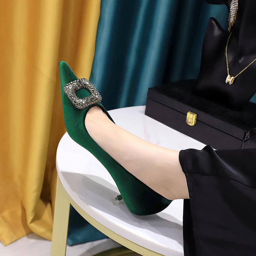 237-K83 Banquet European and American Style Women's Shoes, Thin Heel, Medium Heel, Shallow Mouth, Pointed Head, Thickened Suede Metal Rhinestone Buc