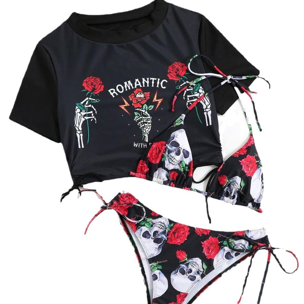European & American Style Sexy Women's Three-Piece Swimsuit Set - Rose Skull Print Halter with Drawstring