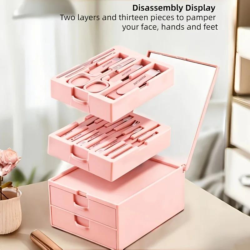 Xiaomi 13pcs Pink Nail Care & Beauty Set with Mirror Nail Clippers Eyebrow Scissors Suitable for Manicure Pedicure Portable Case