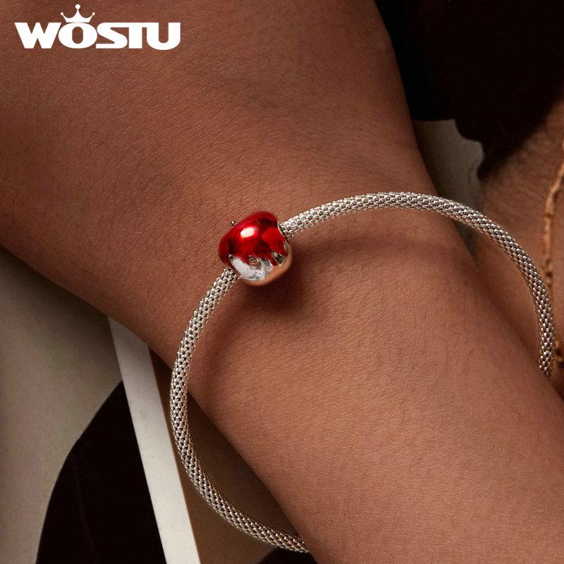 WOSTU 925 Sterling Silver Delicate Red Apple Charm Beads Fit Original Bracelet DIY Necklace Jewelry Making Gift
