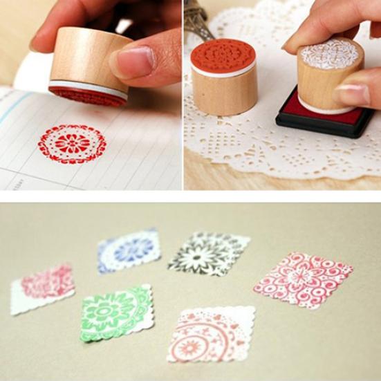 6 Adet Retro Vintage Çiçek Desenli Yuvarlak Ahşap Lastik Damga Karalama Defteri El Sanatları
