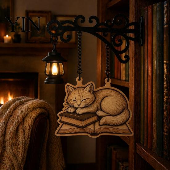 Atmospheric Bedside Night Light Vintage Bookshelf with Cat Sleeping On Book Design, Retro Lantern Rustic Metal Wall Lamp for Reading, Decorative