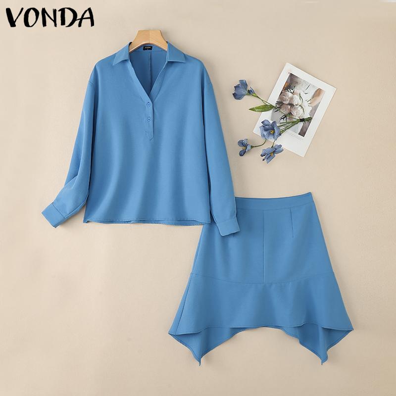 VONDA Two Piece Suit Sets Women Long Sleeve Blouse and Short Skirts Outfits