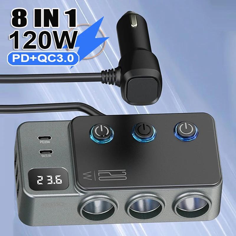 

120 Вт PD35W+QC3.0 быстрозарядные устройства 5 USB-разъемов и 3x разветвителя прикуривателя со светодиодом/выключателями/ЖК-вольтметром розетка