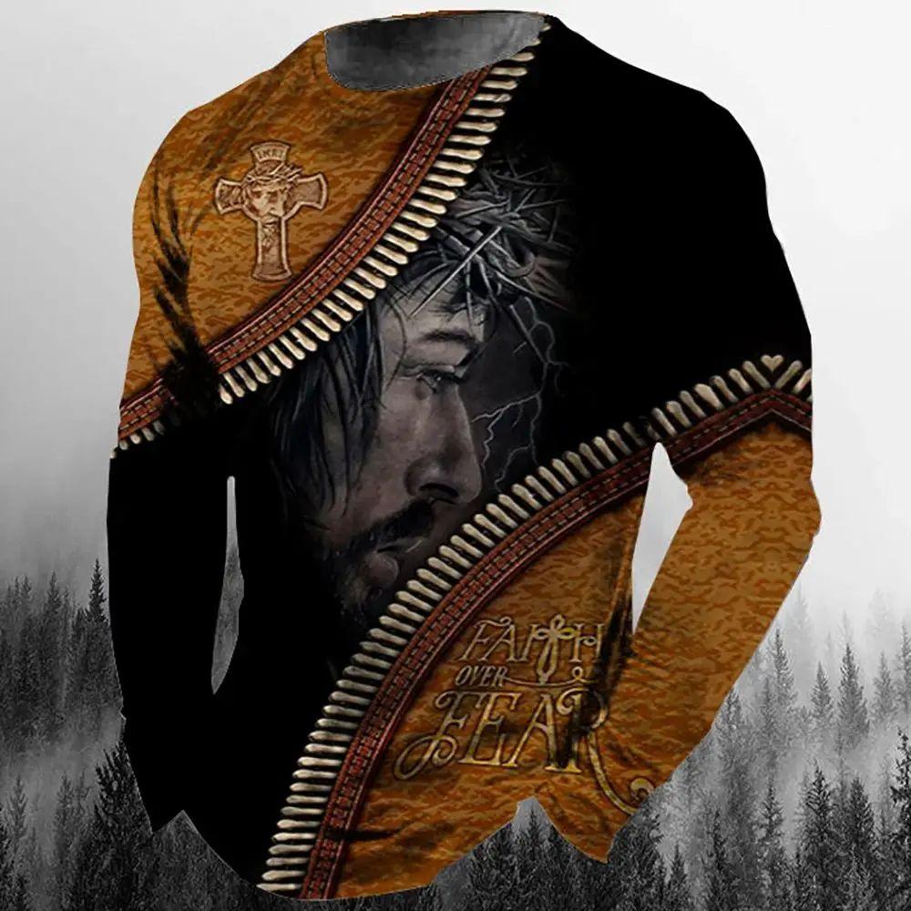Camiseta de manga larga informal de moda para hombre con estampado 3D retro de Jesucristo, personalidad callejera, cuello redondo holgado, estilo Harajuku, top de gran tamaño