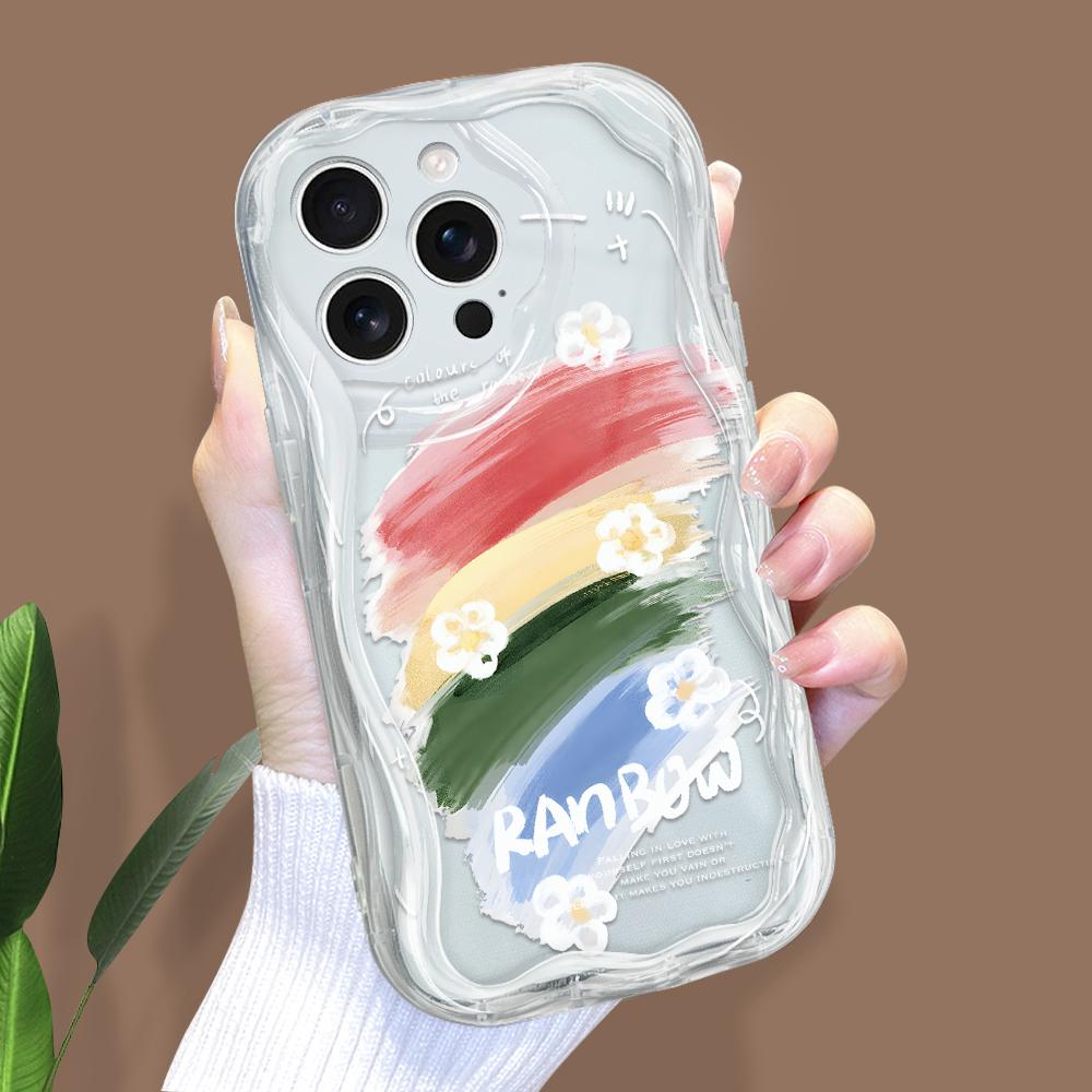 For iPhone 16 15 14 Samsung S25 S24 S23 A06 A13 A14 A15 A16 A55 Redmi 14C 13C Note 14 13 12 Rainbow Flowers Full Lens Protect Wave Edge Case