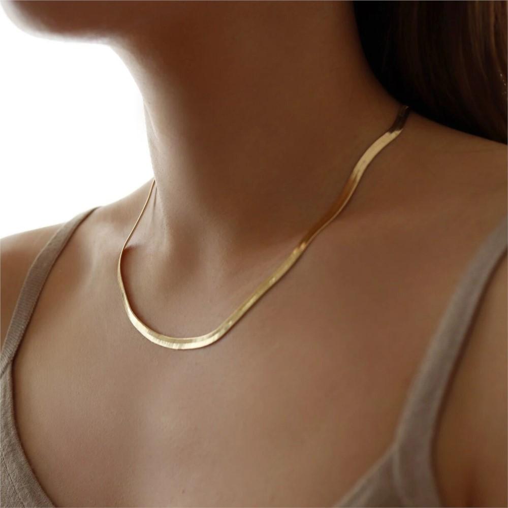 Flat Snake Chain Necklaces Matching Bracelets In 18k Gold Plated Stainless Steel Herringbone Chains Necklace Bracelet  For Women