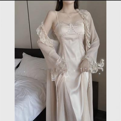Women's Sexy Bathrobe Set Satin Long Sleeve Lace Pajamas for Women Solid Color Silk 2 Piece Pajamas Set for Women