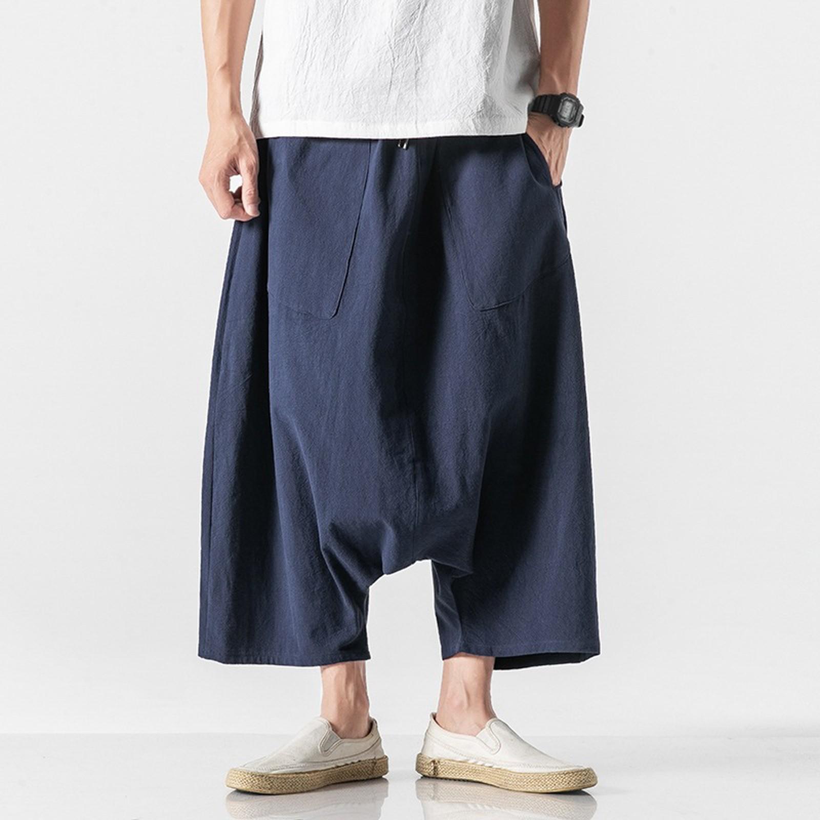 

Mens Overalls Cotton Shorts Pants Wide Leg Knee Length Men Pants Casual Stretch Garment Parachute Pants M тёмно-синий